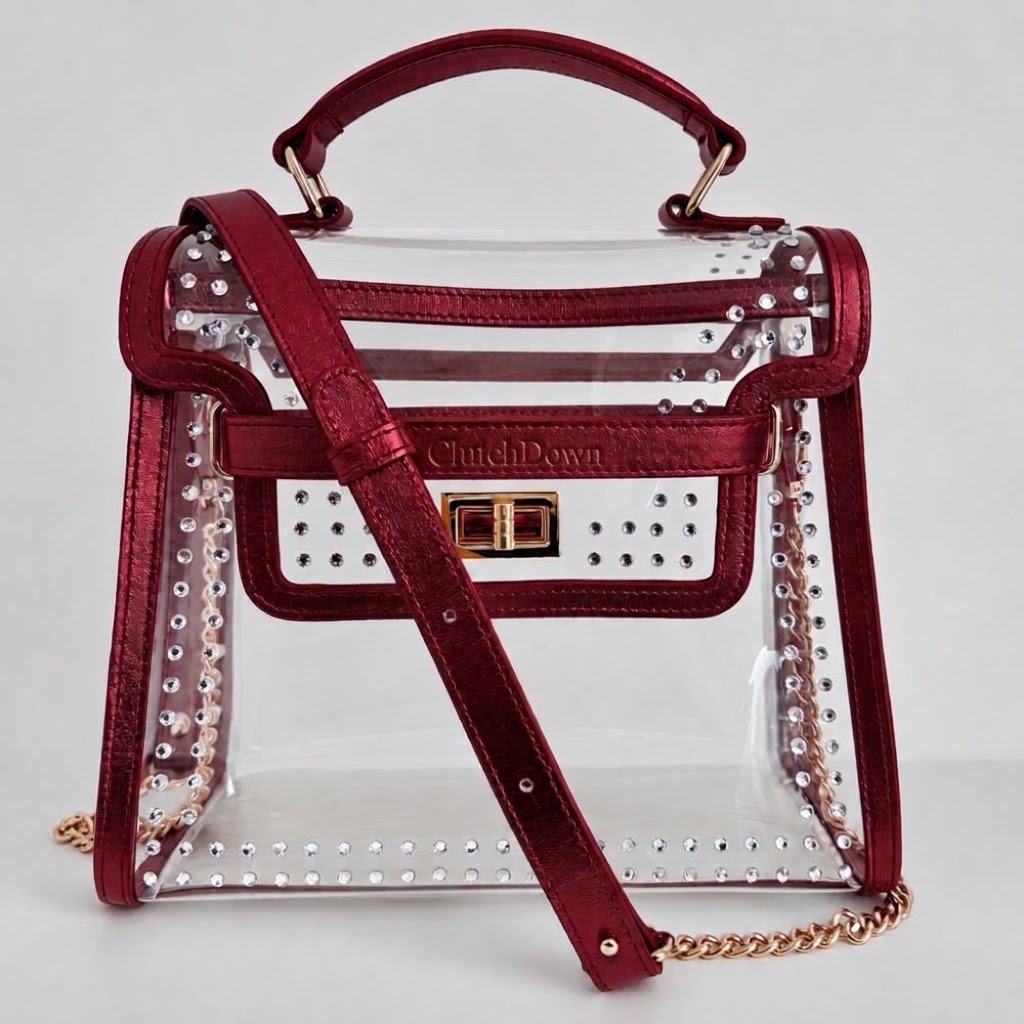 Crimson clear stadium bag with metallic leather